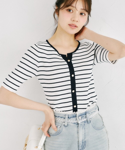 tocco closet(トッコ クローゼット)の「【ZOZO限定】接触冷感ヘンリーネック配色半袖リブニットトップス(Tシャツ/カットソー・レディース・オフホワイト/その他/ネイビー/その他1・M)」の1枚目の写真