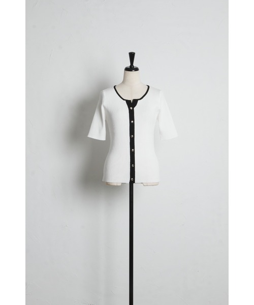 tocco closet(トッコ クローゼット)の「【ZOZO限定】接触冷感ヘンリーネック配色半袖リブニットトップス(Tシャツ/カットソー・レディース・オフホワイト/その他/ネイビー/その他1・M)」の22枚目の写真