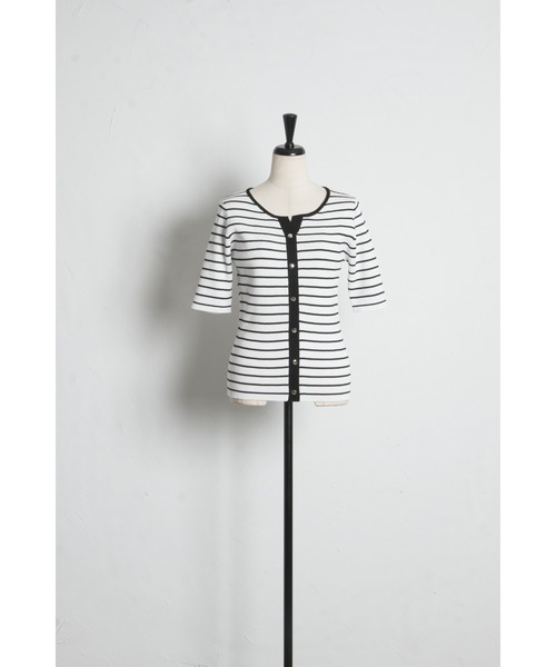 tocco closet(トッコ クローゼット)の「【ZOZO限定】接触冷感ヘンリーネック配色半袖リブニットトップス(Tシャツ/カットソー・レディース・オフホワイト/その他/ネイビー/その他1・M)」の20枚目の写真