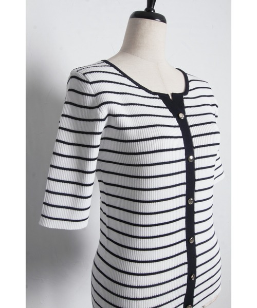 tocco closet(トッコ クローゼット)の「【ZOZO限定】接触冷感ヘンリーネック配色半袖リブニットトップス(Tシャツ/カットソー・レディース・オフホワイト/その他/ネイビー/その他1・M)」の15枚目の写真