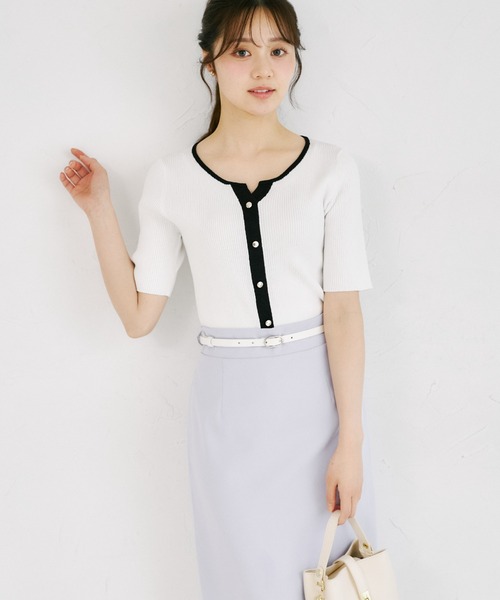 tocco closet(トッコ クローゼット)の「【ZOZO限定】接触冷感ヘンリーネック配色半袖リブニットトップス(Tシャツ/カットソー・レディース・オフホワイト/その他/ネイビー/その他1・M)」の12枚目の写真