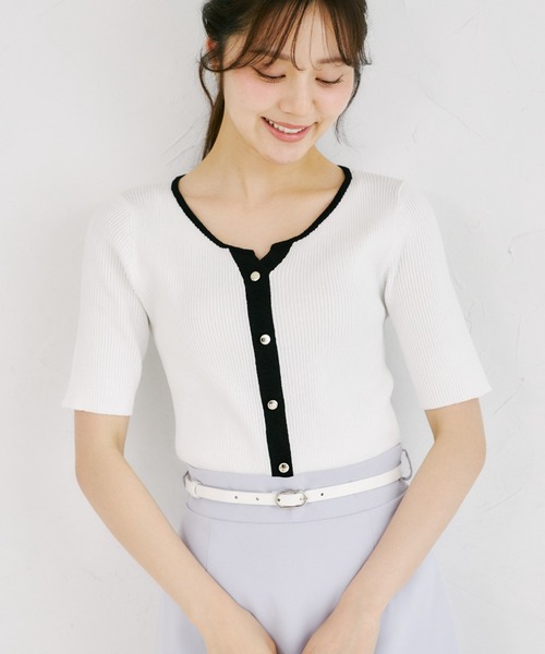 tocco closet(トッコ クローゼット)の「【ZOZO限定】接触冷感ヘンリーネック配色半袖リブニットトップス(Tシャツ/カットソー・レディース・オフホワイト/その他/ネイビー/その他1・M)」の11枚目の写真