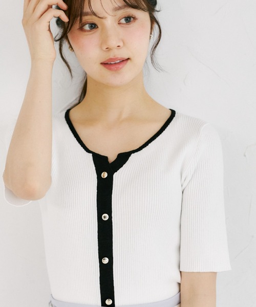 tocco closet(トッコ クローゼット)の「【ZOZO限定】接触冷感ヘンリーネック配色半袖リブニットトップス(Tシャツ/カットソー・レディース・オフホワイト/その他/ネイビー/その他1・M)」の10枚目の写真