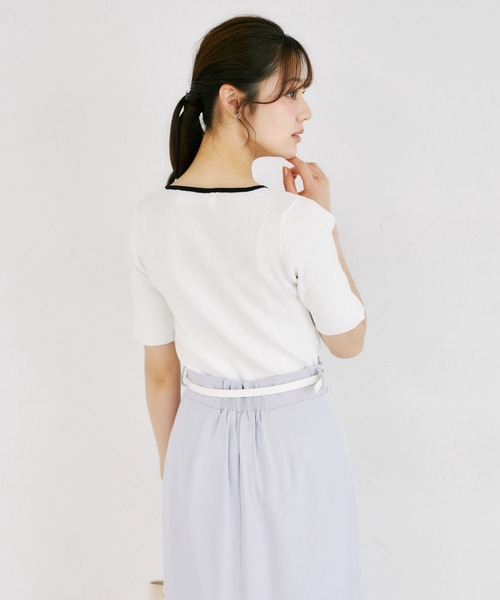 tocco closet(トッコ クローゼット)の「【ZOZO限定】接触冷感ヘンリーネック配色半袖リブニットトップス(Tシャツ/カットソー・レディース・オフホワイト/その他/ネイビー/その他1・M)」の9枚目の写真