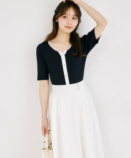 tocco closet(トッコ クローゼット)の「【ZOZO限定】接触冷感ヘンリーネック配色半袖リブニットトップス(Tシャツ/カットソー・レディース・オフホワイト/その他/ネイビー/その他1・M)」の7枚目の写真
