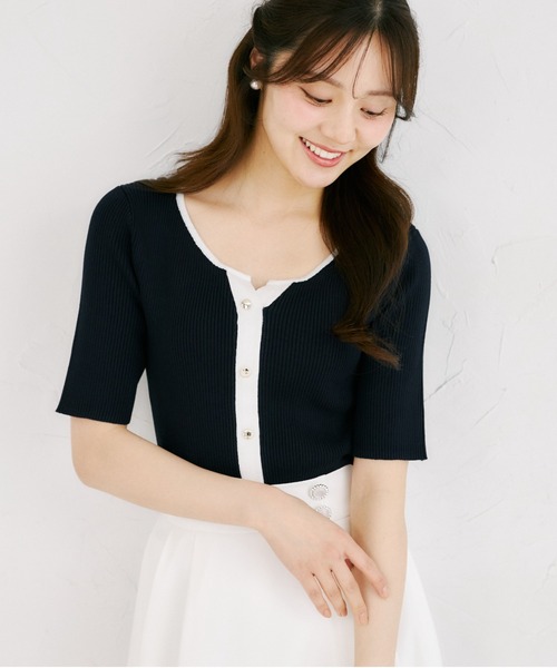 tocco closet(トッコ クローゼット)の「【ZOZO限定】接触冷感ヘンリーネック配色半袖リブニットトップス(Tシャツ/カットソー・レディース・オフホワイト/その他/ネイビー/その他1・M)」の6枚目の写真