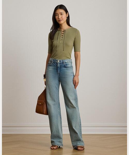 LAUREN RALPH LAUREN（ローレン ラルフ ローレン）の「レースアップ リブ エルボースリーブ Tシャツ（Tシャツ/カットソー・レディース・グリーン系2・L/M/S/XS）」の7枚目の写真