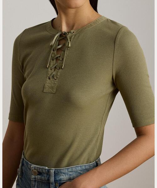 LAUREN RALPH LAUREN（ローレン ラルフ ローレン）の「レースアップ リブ エルボースリーブ Tシャツ（Tシャツ/カットソー・レディース・グリーン系2・L/M/S/XS）」の5枚目の写真
