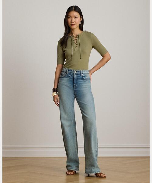 LAUREN RALPH LAUREN（ローレン ラルフ ローレン）の「レースアップ リブ エルボースリーブ Tシャツ（Tシャツ/カットソー・レディース・グリーン系2・L/M/S/XS）」の4枚目の写真