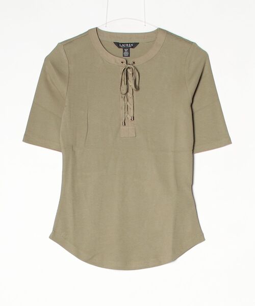 LAUREN RALPH LAUREN（ローレン ラルフ ローレン）の「レースアップ リブ エルボースリーブ Tシャツ（Tシャツ/カットソー・レディース・グリーン系2・L/M/S/XS）」の3枚目の写真