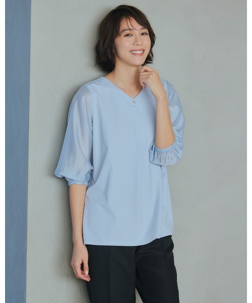 DoCLASSE( ドゥクラッセ)の「シフォンスリーブ・カットソーブラウス(Tシャツ/カットソー・レディース・サックスブルー/ダークネイビー・L/M/S/LL)」の1枚目の写真