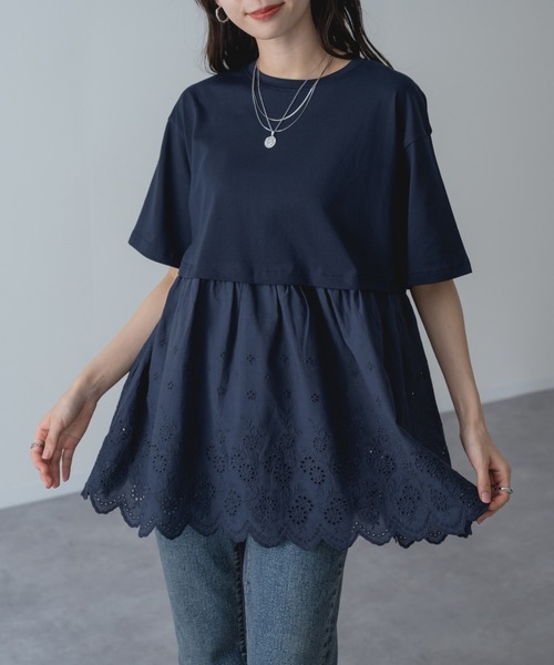 refinedworks(リファインドワークス)の「【refinedworks】1枚で主役を張る、レース ドッキング チュニック(Tシャツ/カットソー・レディース・ネイビー/ホワイト・FREE)」の2枚目の写真