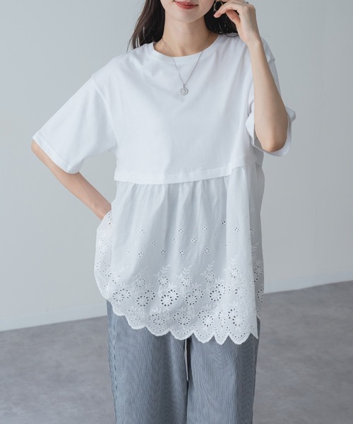 refinedworks(リファインドワークス)の「【refinedworks】1枚で主役を張る、レース ドッキング チュニック(Tシャツ/カットソー・レディース・ネイビー/ホワイト・FREE)」の1枚目の写真