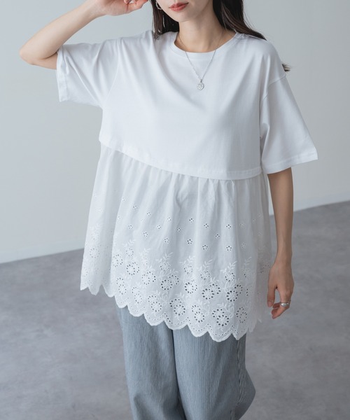 refinedworks(リファインドワークス)の「【refinedworks】1枚で主役を張る、レース ドッキング チュニック(Tシャツ/カットソー・レディース・ネイビー/ホワイト・FREE)」の3枚目の写真