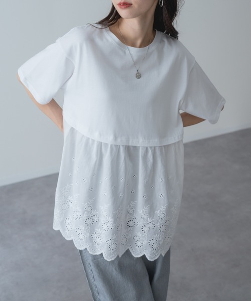 refinedworks(リファインドワークス)の「【refinedworks】1枚で主役を張る、レース ドッキング チュニック(Tシャツ/カットソー・レディース・ネイビー/ホワイト・FREE)」の4枚目の写真