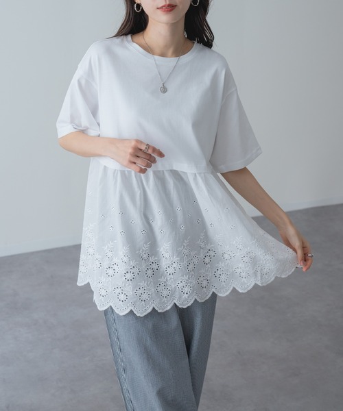 refinedworks(リファインドワークス)の「【refinedworks】1枚で主役を張る、レース ドッキング チュニック(Tシャツ/カットソー・レディース・ネイビー/ホワイト・FREE)」の5枚目の写真