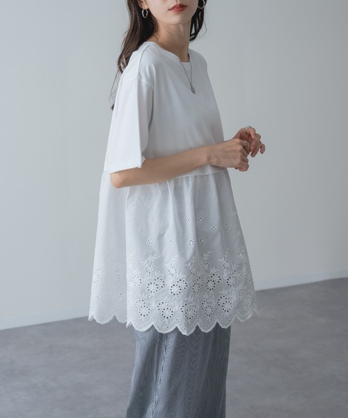 refinedworks(リファインドワークス)の「【refinedworks】1枚で主役を張る、レース ドッキング チュニック(Tシャツ/カットソー・レディース・ネイビー/ホワイト・FREE)」の6枚目の写真