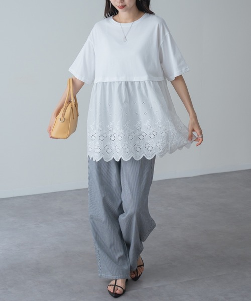refinedworks(リファインドワークス)の「【refinedworks】1枚で主役を張る、レース ドッキング チュニック(Tシャツ/カットソー・レディース・ネイビー/ホワイト・FREE)」の12枚目の写真