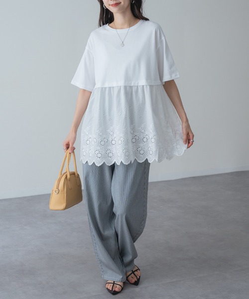 refinedworks(リファインドワークス)の「【refinedworks】1枚で主役を張る、レース ドッキング チュニック(Tシャツ/カットソー・レディース・ネイビー/ホワイト・FREE)」の17枚目の写真