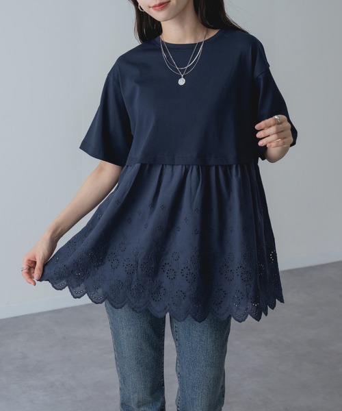 refinedworks(リファインドワークス)の「【refinedworks】1枚で主役を張る、レース ドッキング チュニック(Tシャツ/カットソー・レディース・ネイビー/ホワイト・FREE)」の7枚目の写真