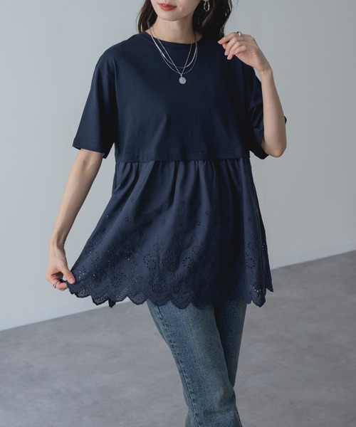 refinedworks(リファインドワークス)の「【refinedworks】1枚で主役を張る、レース ドッキング チュニック(Tシャツ/カットソー・レディース・ネイビー/ホワイト・FREE)」の8枚目の写真