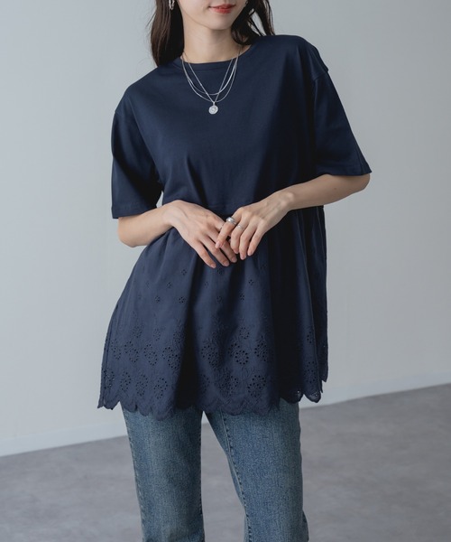 refinedworks(リファインドワークス)の「【refinedworks】1枚で主役を張る、レース ドッキング チュニック(Tシャツ/カットソー・レディース・ネイビー/ホワイト・FREE)」の20枚目の写真
