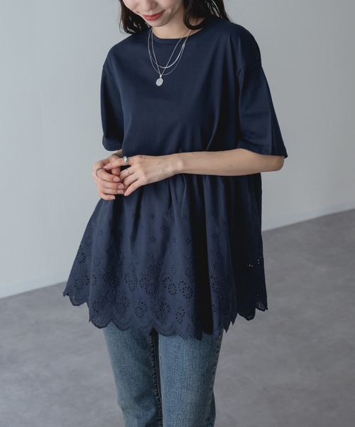 refinedworks(リファインドワークス)の「【refinedworks】1枚で主役を張る、レース ドッキング チュニック(Tシャツ/カットソー・レディース・ネイビー/ホワイト・FREE)」の9枚目の写真