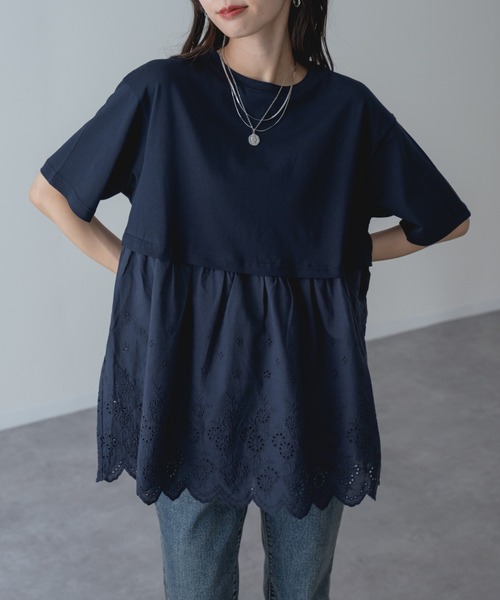refinedworks(リファインドワークス)の「【refinedworks】1枚で主役を張る、レース ドッキング チュニック(Tシャツ/カットソー・レディース・ネイビー/ホワイト・FREE)」の10枚目の写真