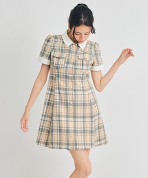 バイカラーチェックミニフレアシャツワンピース