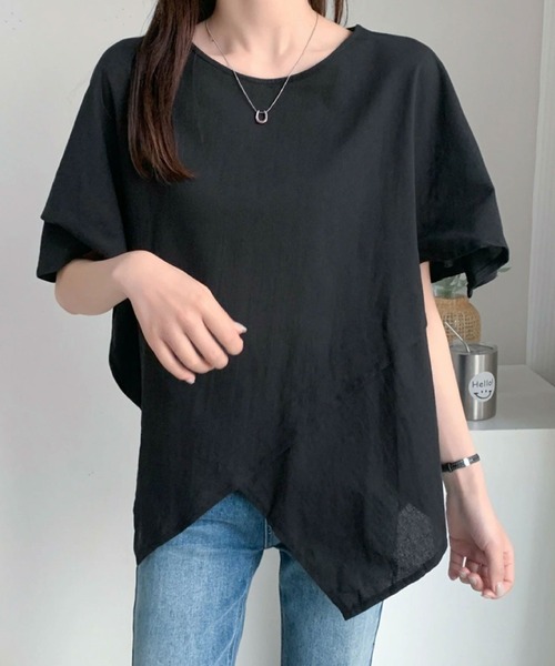 2ly2(トゥーリートゥー)の「アシンメトリーヘム ゆったりカットソー(Tシャツ/カットソー・レディース・ブラック/カーキ/キャメル・FREE)」の4枚目の写真