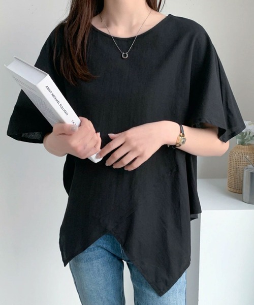 2ly2(トゥーリートゥー)の「アシンメトリーヘム ゆったりカットソー(Tシャツ/カットソー・レディース・ブラック/カーキ/キャメル・FREE)」の5枚目の写真
