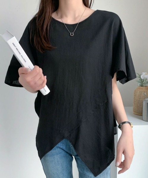 2ly2(トゥーリートゥー)の「アシンメトリーヘム ゆったりカットソー(Tシャツ/カットソー・レディース・ブラック/カーキ/キャメル・FREE)」の6枚目の写真