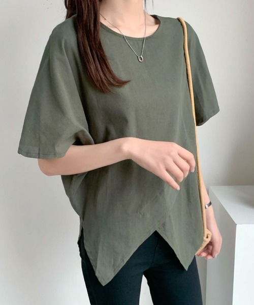 2ly2(トゥーリートゥー)の「アシンメトリーヘム ゆったりカットソー(Tシャツ/カットソー・レディース・ブラック/カーキ/キャメル・FREE)」の10枚目の写真