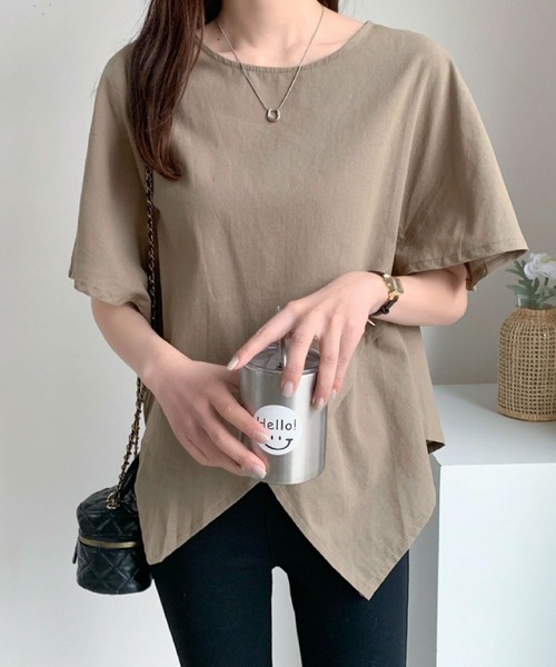 2ly2(トゥーリートゥー)の「アシンメトリーヘム ゆったりカットソー(Tシャツ/カットソー・レディース・ブラック/カーキ/キャメル・FREE)」の13枚目の写真