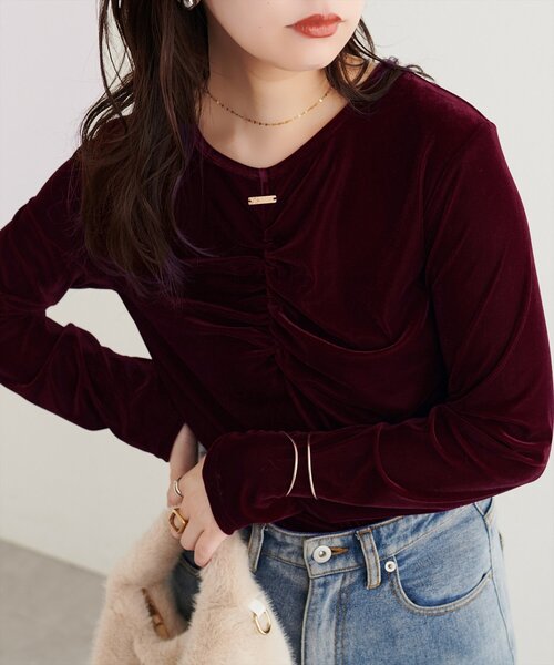 natural couture（ナチュラルクチュール）の「シアーベロアギャザーロンT（Tシャツ/カットソー・レディース・ブラック系その他/オフホワイト/ドット/ブラウン/その他1/ダークブラウン/ブラック/アイボリー/ボルドー/レッド系その他・FREE）」の8枚目の写真