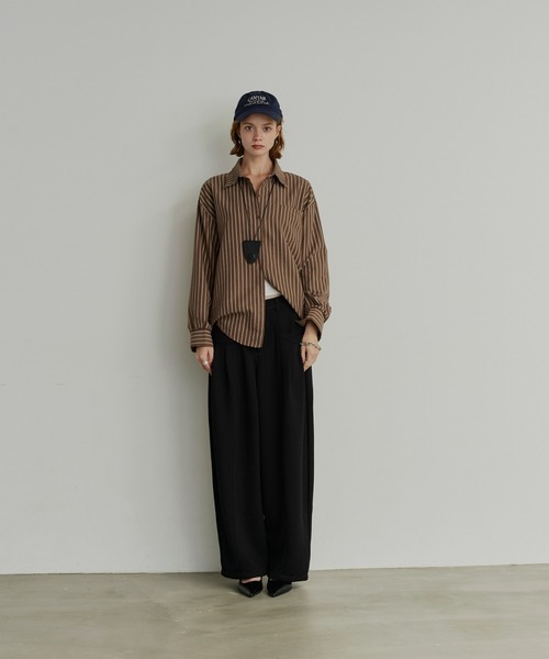 uchi.(ウチ)の「ピーチ素材ヴィンテージライクストライプオーバーシャツ(シャツ/ブラウス・レディース・ブルー/ブラウン/オレンジ・FREE)」の6枚目の写真