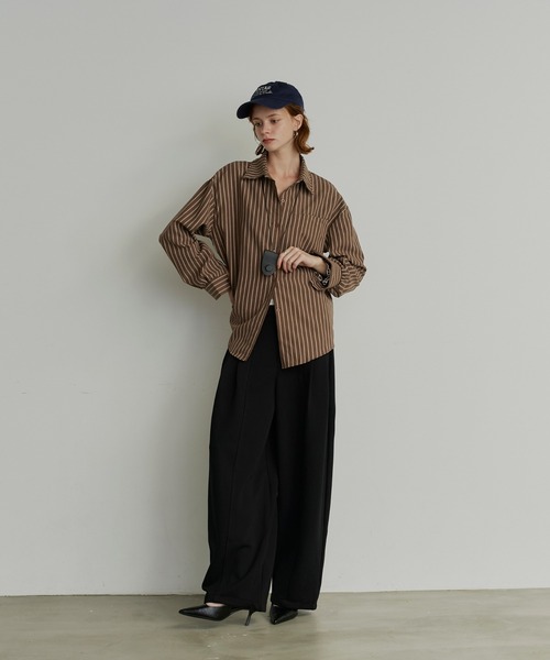 uchi.(ウチ)の「ピーチ素材ヴィンテージライクストライプオーバーシャツ(シャツ/ブラウス・レディース・ブルー/ブラウン/オレンジ・FREE)」の12枚目の写真