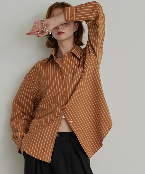 uchi.(ウチ)の「ピーチ素材ヴィンテージライクストライプオーバーシャツ(シャツ/ブラウス・レディース・ブルー/ブラウン/オレンジ・FREE)」の16枚目の写真
