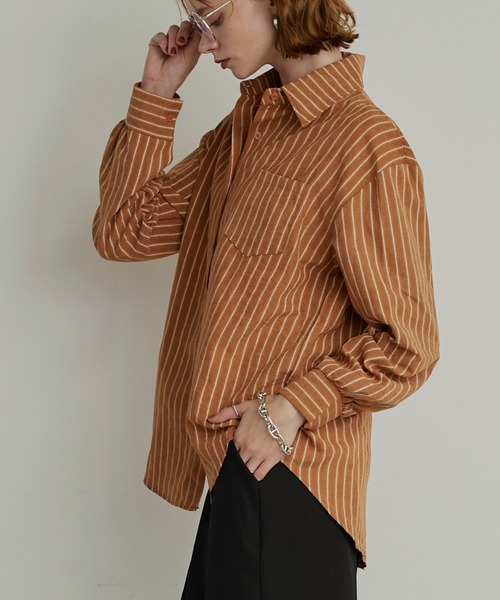 uchi.(ウチ)の「ピーチ素材ヴィンテージライクストライプオーバーシャツ(シャツ/ブラウス・レディース・ブルー/ブラウン/オレンジ・FREE)」の18枚目の写真