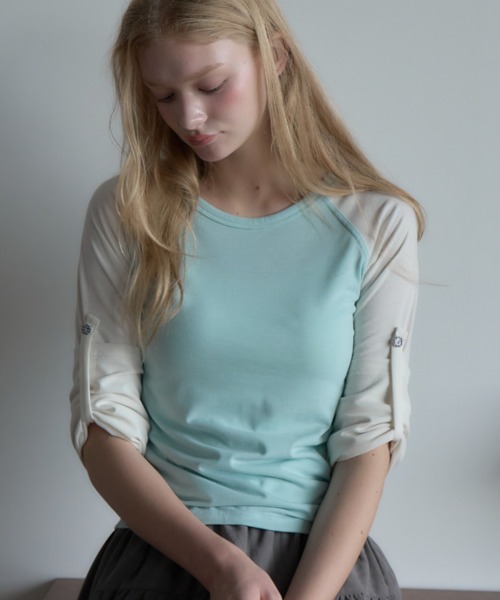 Birthday room(バースデイルーム)の「チェックボタンラグラン/Checked raglan-sleeve button-up shirt(Tシャツ/カットソー・レディース・ミント/ネイビー・FREE)」の5枚目の写真
