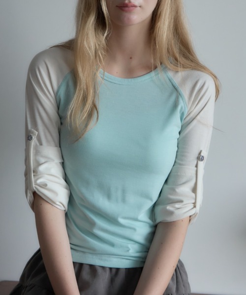 Birthday room(バースデイルーム)の「チェックボタンラグラン/Checked raglan-sleeve button-up shirt(Tシャツ/カットソー・レディース・ミント/ネイビー・FREE)」の7枚目の写真