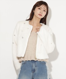 ビジュー付きノーカラーファージャケット