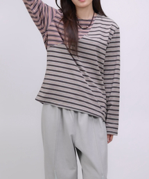 OGI（オギ）の「斜め配色ストライプ長袖Tシャツ パープル、グレー（Tシャツ/カットソー）」