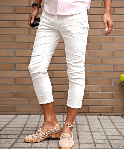 ペンキ付き膝タックストレッチクロップドデニムパンツ(デニムパンツ)|LUXSTYLE(ラグスタイル)