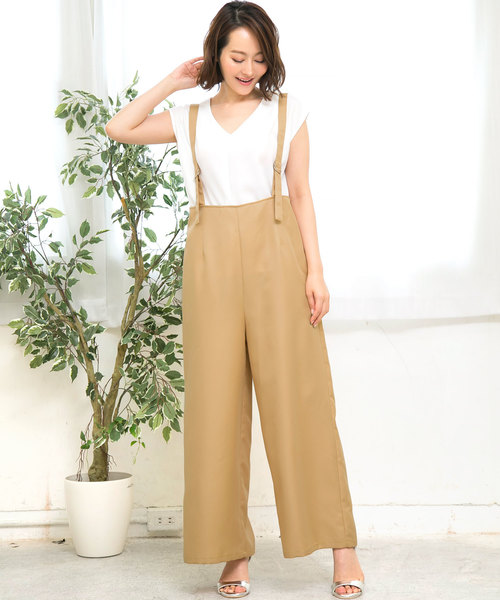 KOBE LETTUCE(コウベレタス)の「サスペンダーワイドパンツ(その他パンツ・レディース・ベージュ/ブラック/チェック・FREE)」の1枚目の写真