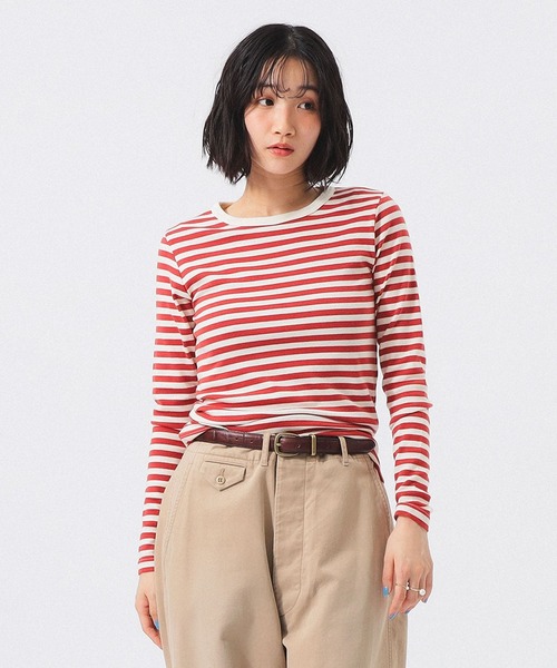 BEAMS BOY（ビームスボーイ）の「フライス 1cm ボーダー Tシャツ（Tシャツ/カットソー・レディース・ブラック/ライトグレー/ネイビー/ベージュ/ブルー/チャコールグレー/ブラウン/レッド系その他/レッド/ブラック系その他/オレンジ/インディゴブルー・ONE SIZE）」の13枚目の写真