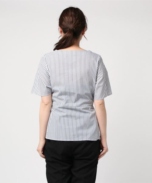 21秋冬新作 アレキサンダージュリアンレディース Alexander Julian Women 白ｘネイビーストライプ前あきウエストリボン半袖ブラウス 早割クーポン