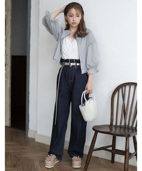 one after another NICE CLAUP（ワンアフターアナザーナイスクラップ）の「ベルト付ハイウエストデニムパンツ（デニムパンツ・レディース・ブラック/ネイビー/ブルー/アイボリー・SMALL/MEDIUM）」の16枚目の写真