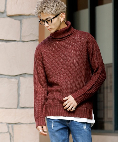 Beno（ビーノ）の「ローゲージ 畦編み ルーズシルエット タートルネック ニット（ニット/セーター・メンズ・ブラック/ベージュ/グレー/オフホワイト/ワインレッド・LL/M/L）」の5枚目の写真