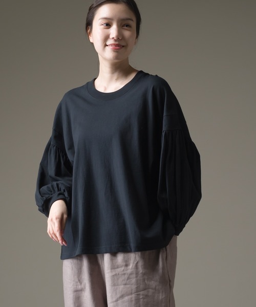 OMNES（オムネス）の「ファインコットン 袖ボリューム七分袖Tシャツ（Tシャツ/カットソー・レディース・ブルー系その他/ライトグレー/モスグリーン/ブラック/ホワイト・FREE）」の2枚目の写真